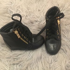 Black & gold wedge heels